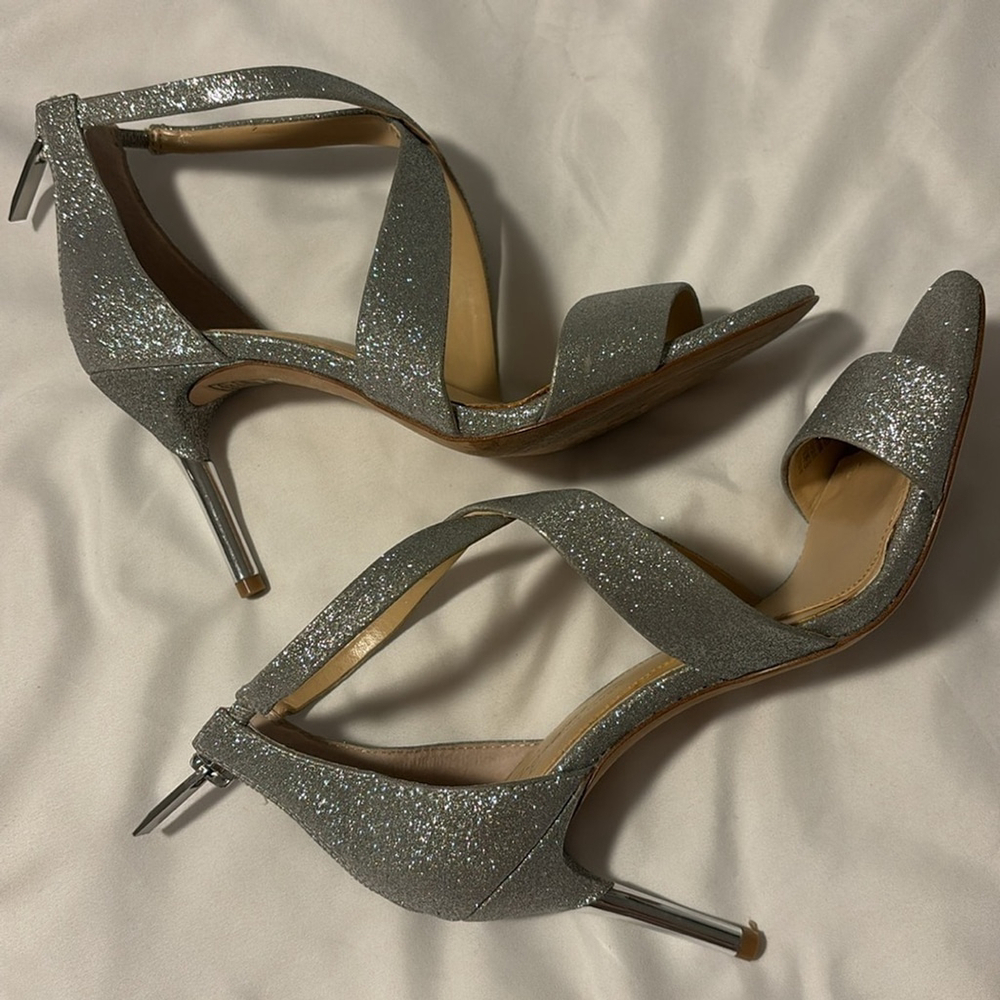 IMAGINE VINCE CAMUTO Pascal2 heeled sandals open toe shoes silver glitter sz 5.5 - Picture 5 of 16